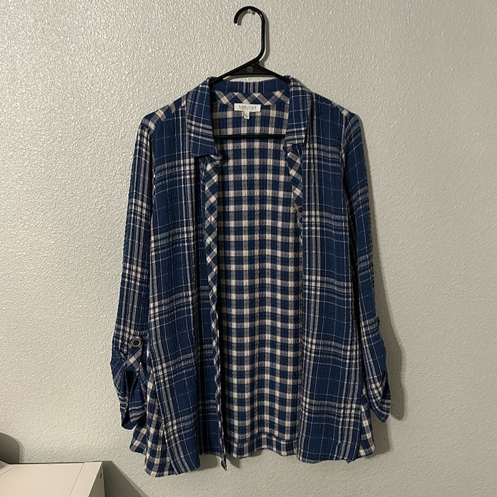 Habitat flannel, with blue and cream colors